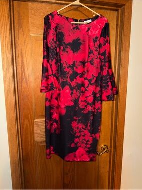Calvin Klein Midi Sheath Dress Womens 14 Bell 3/4 Sleeve Red Roses